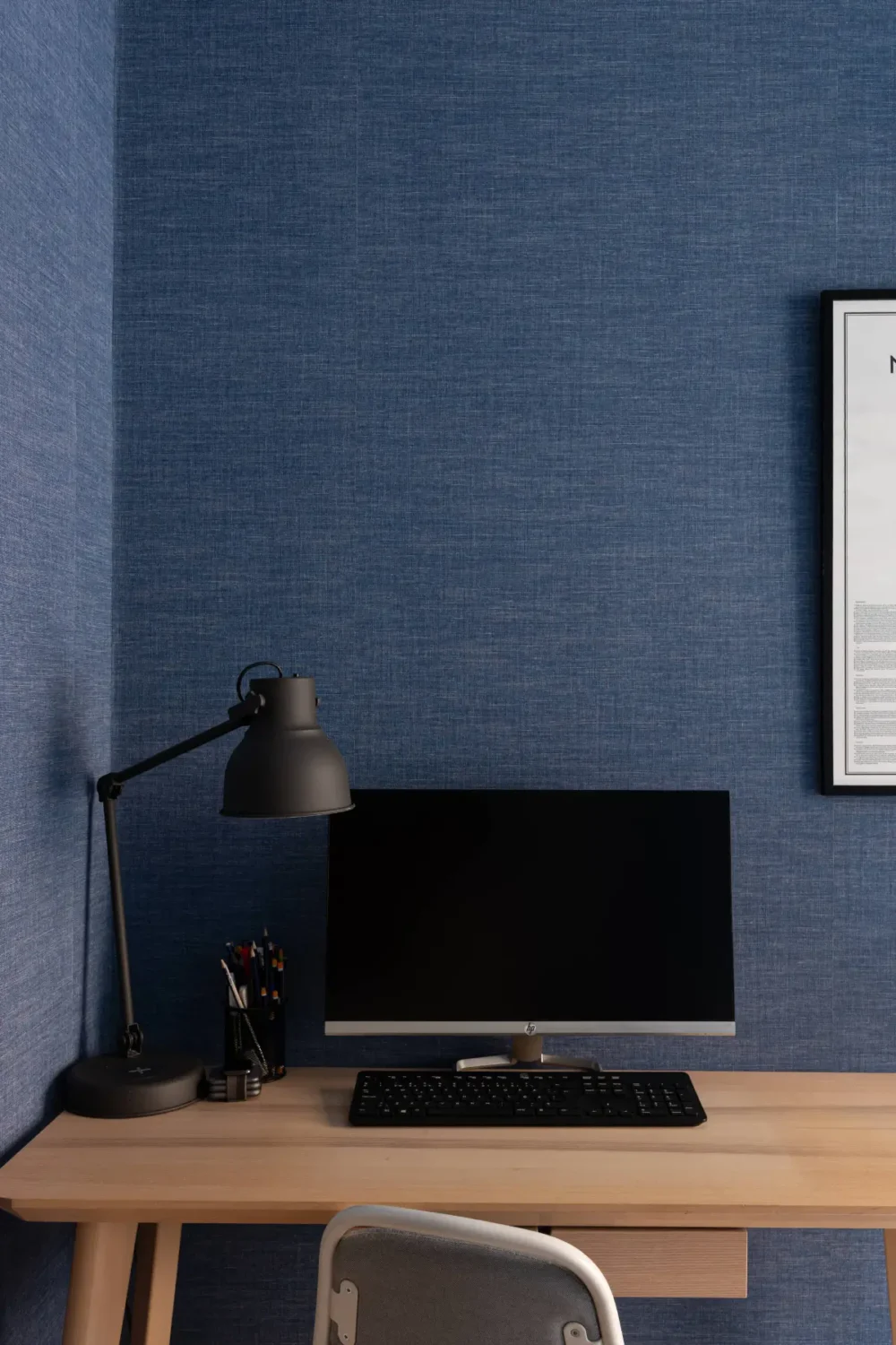 A Luxurious Family Apartment with a Dramatic Black Bathroom 27 bedroom desk dark blue wallpaper