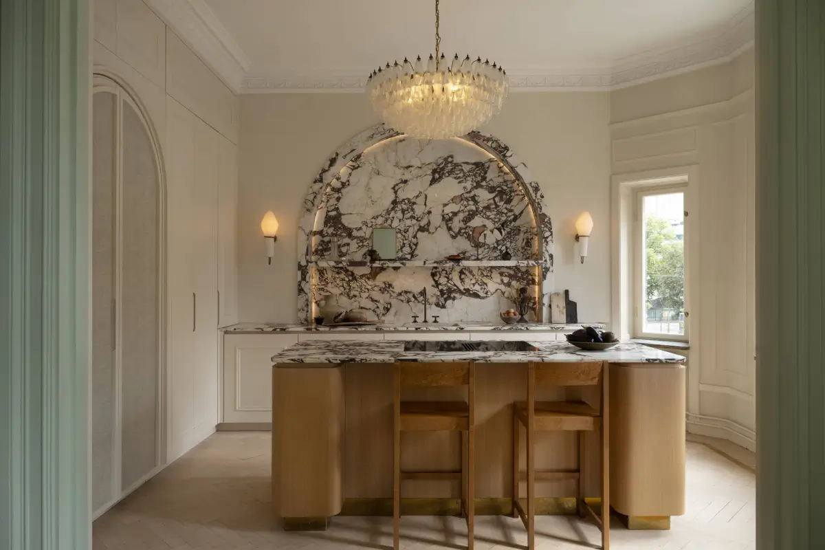 Luxurious Design and Period Features in a Stunning Stockholm Apartment 5 brec viola marble countertop backsplash modern kitchen nordroom