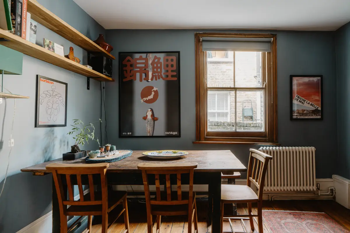 Shades of Blue and Original Details in a Victorian Garden Apartment 7 dark blue dining room rustic table