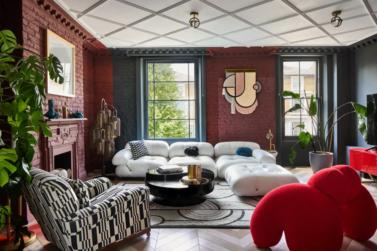 Victorian Grandeur Meets Modern Design in a Camden Square Townhouse 10 dark red sitting room b&b italia sofa
