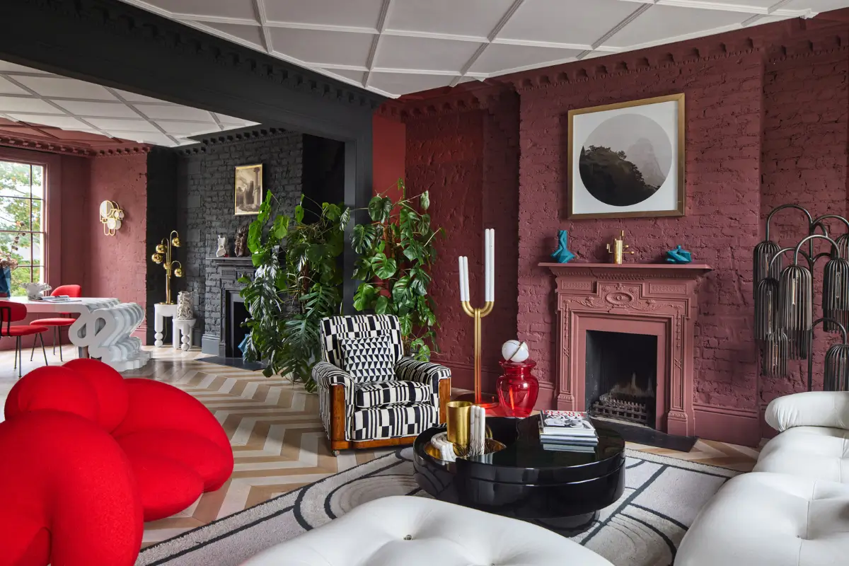 Victorian Grandeur Meets Modern Design in a Camden Square Townhouse 11 double living space fireplace pink walls home office