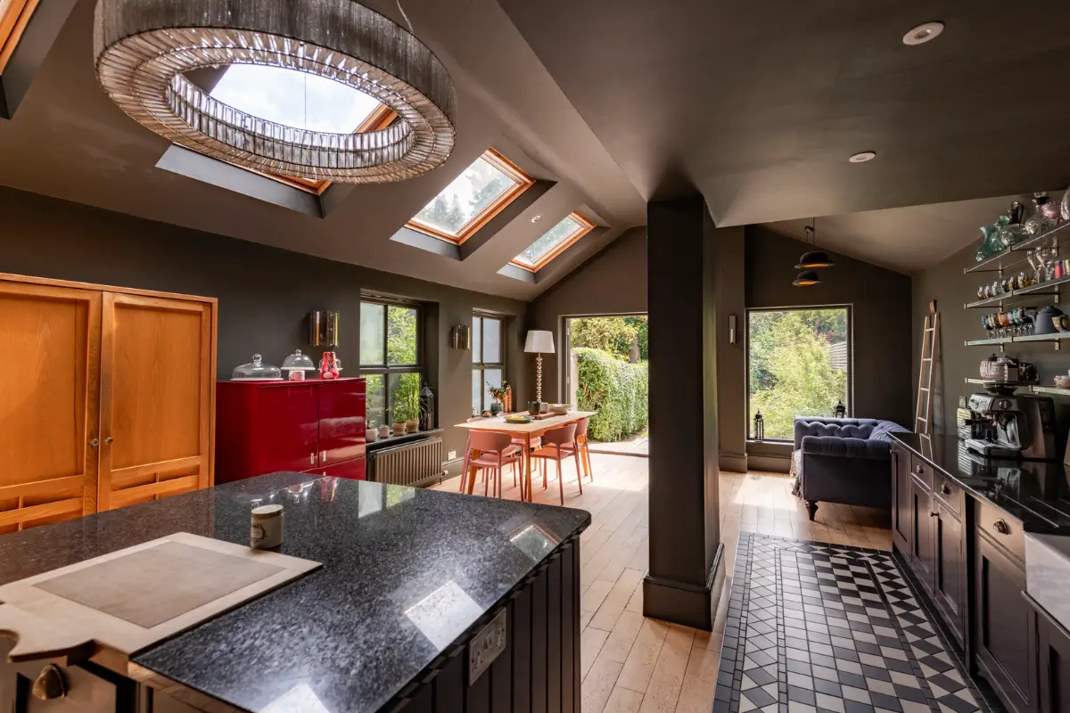 A Dramatic Color Palette in a Large Victorian Family Townhouse 7 extended open-plan living kitchen area