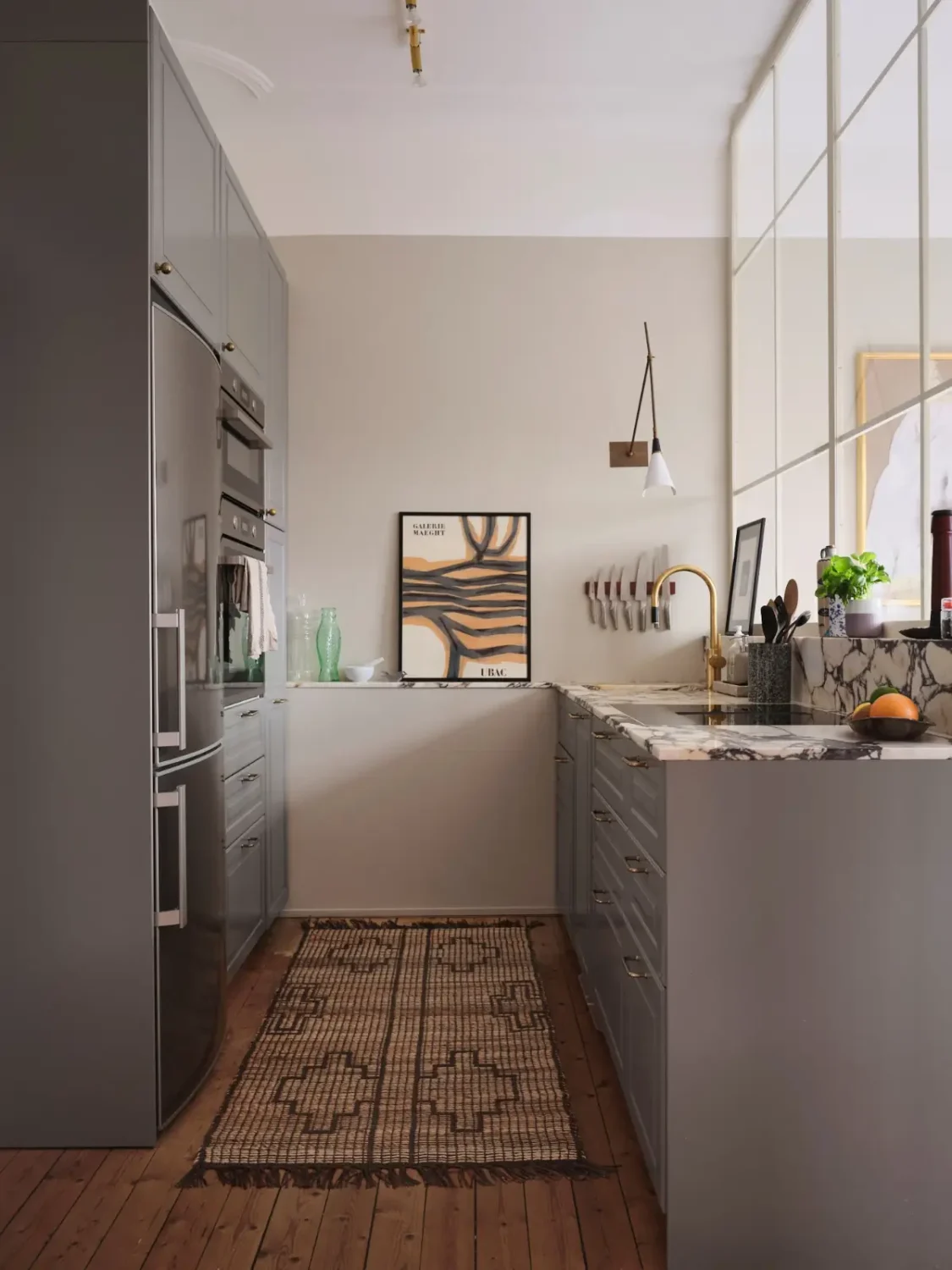 Warm Pink Walls and a Glass Room Divider in a Small Stockholm Apartment 18 gray kitchen cabinets brass fittings marble countertop nordroom