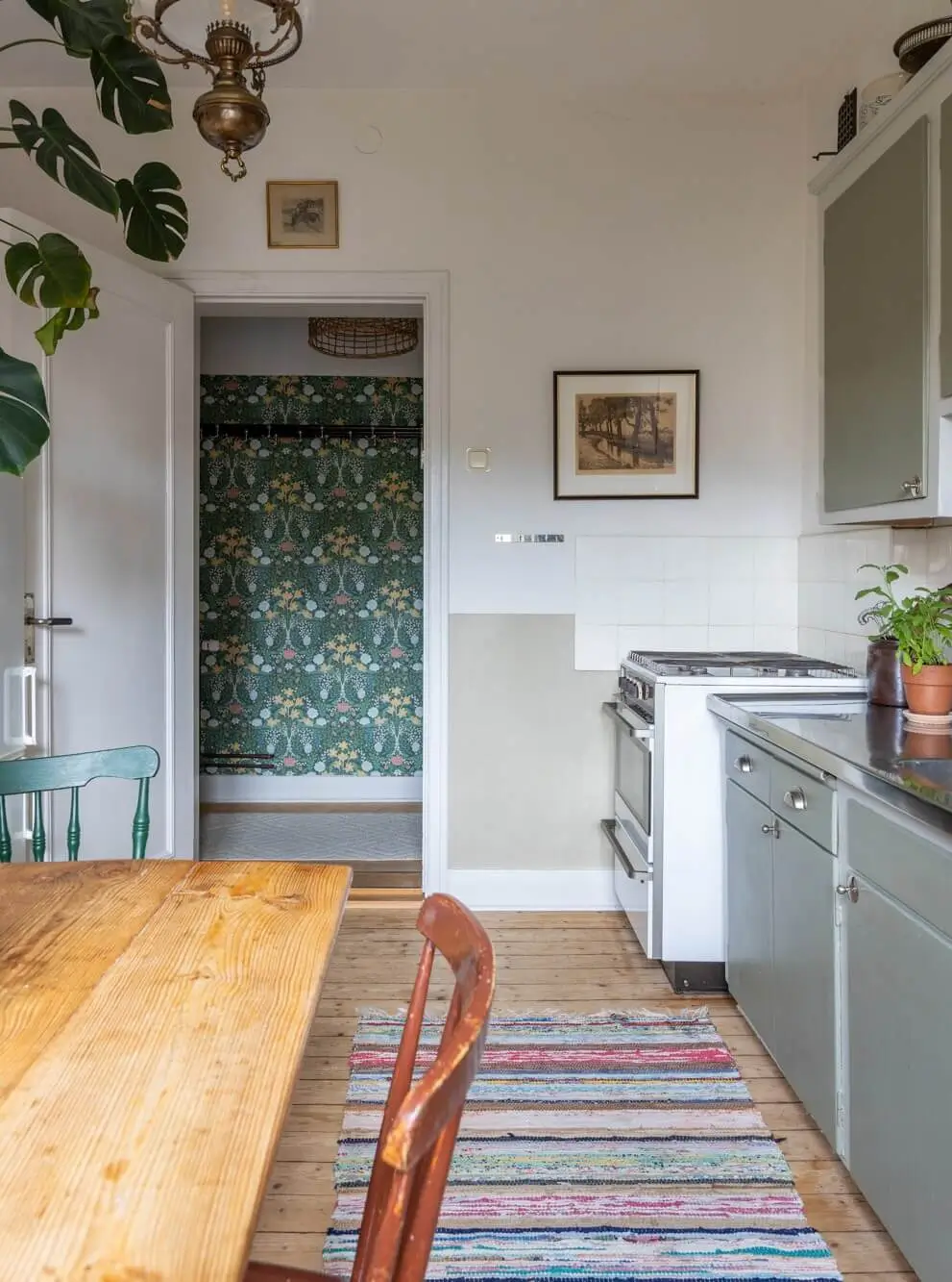 gray midcentury kitchen wooden table