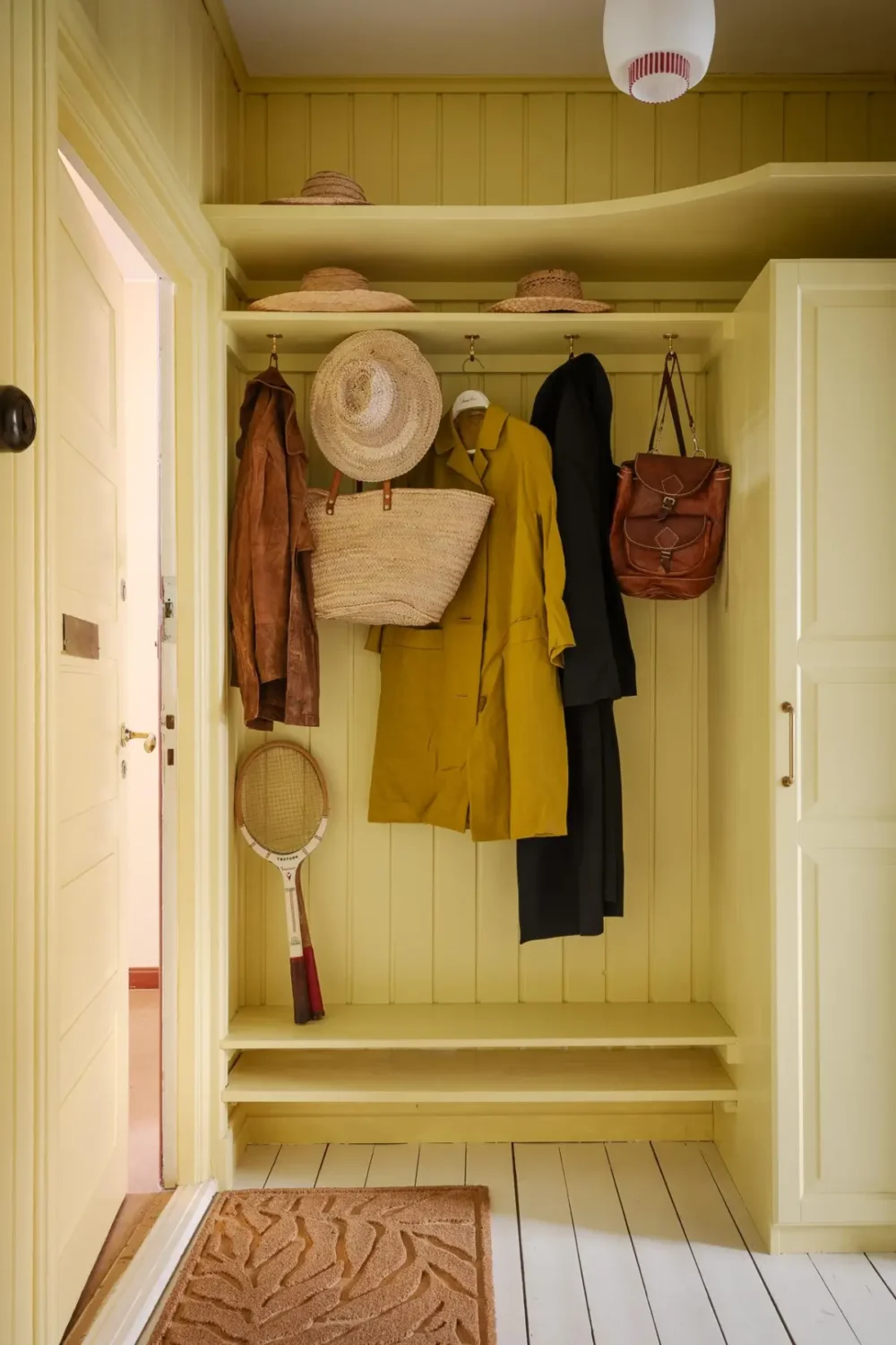hall hat shelf storage wardrobe yellow tongue and groove paneling