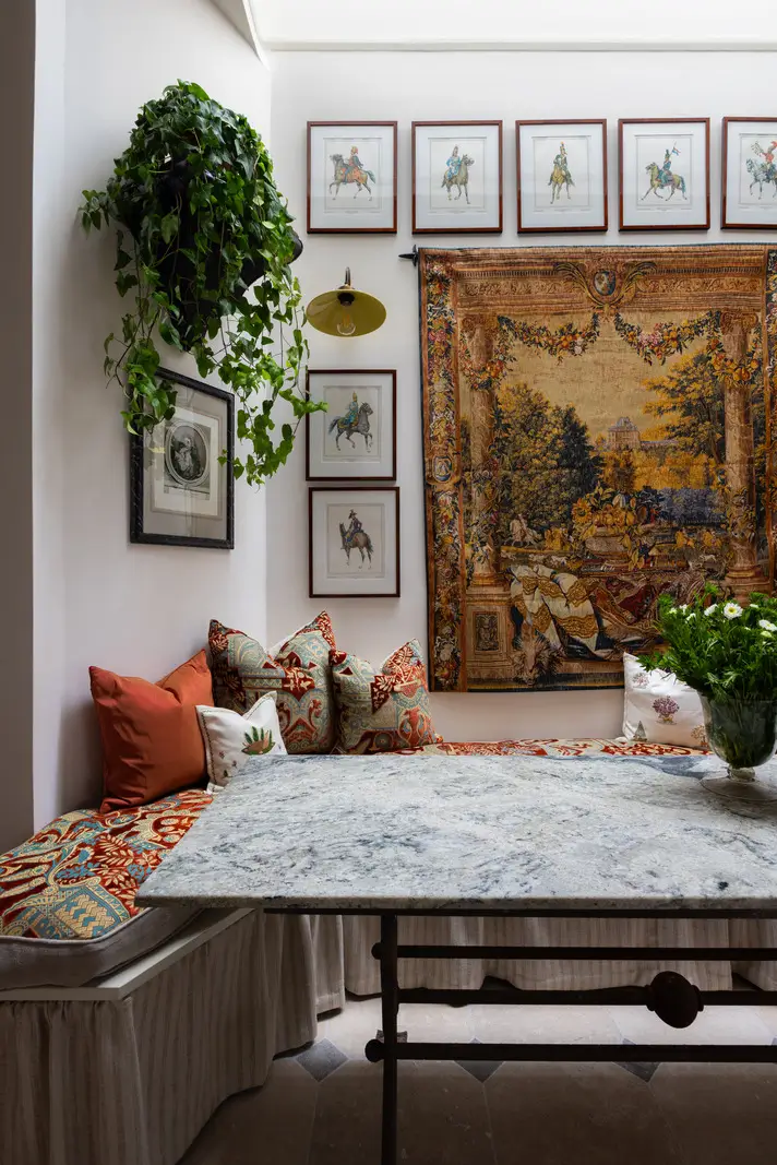 A Mixture of Patterns, Colors, and Materials in a Stunning London Apartment 13 kitchen dining nook built-in bench nordroom