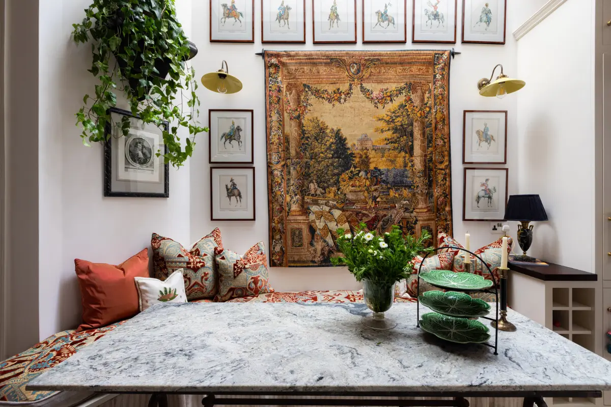 A Mixture of Patterns, Colors, and Materials in a Stunning London Apartment 12 kitchen dining table tapestry art nordroom