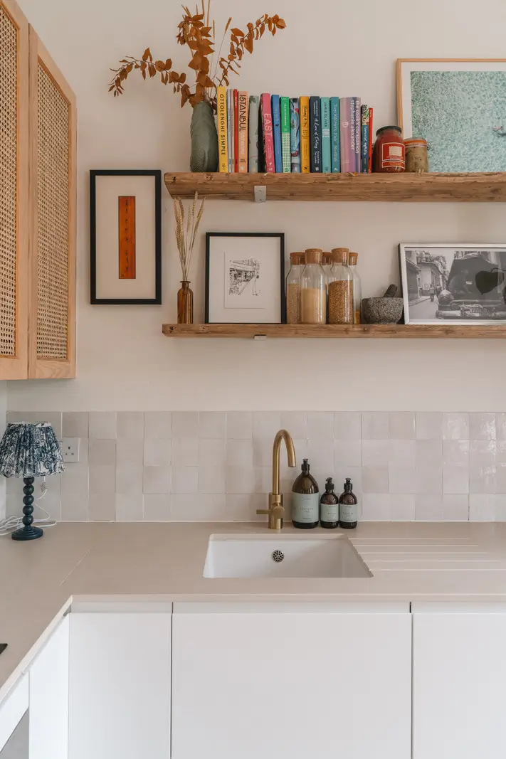 A Bright and Cozy One-Bedroom Apartment in London 5 kitchen wooden shelves zellige backsplash tiles