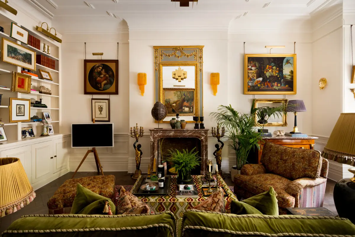 A Mixture of Patterns, Colors, and Materials in a Stunning London Apartment 2 living room antique furniture marble fireplace nordroom