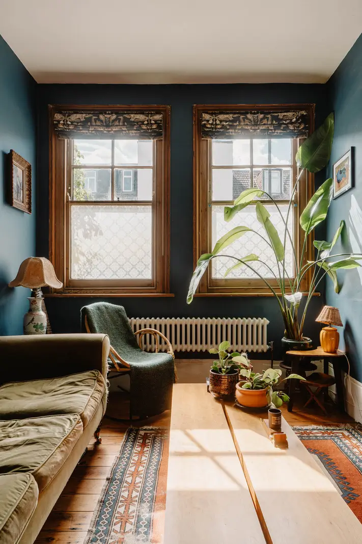 Shades of Blue and Original Details in a Victorian Garden Apartment 2 living room dark blue walls