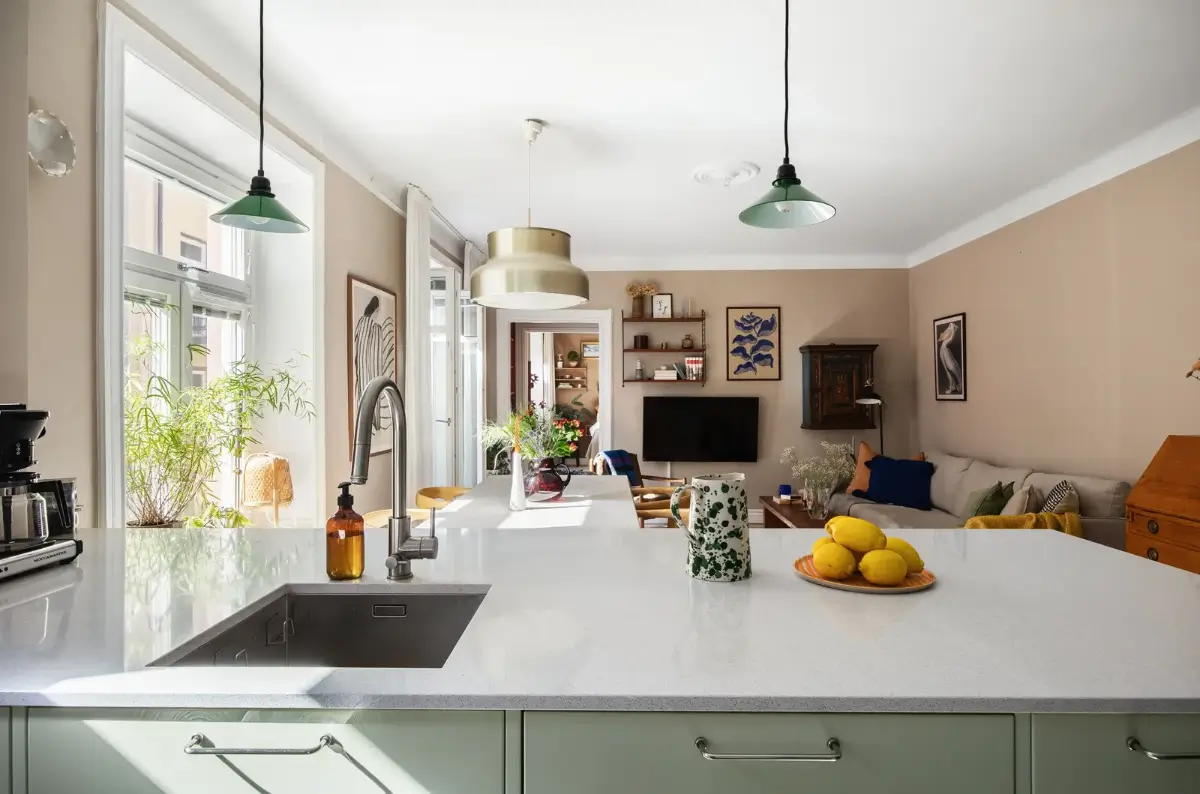Warm Colors and an Open-Plan Living Space in a Stockholm Apartment 5 open-plan living room kitchen