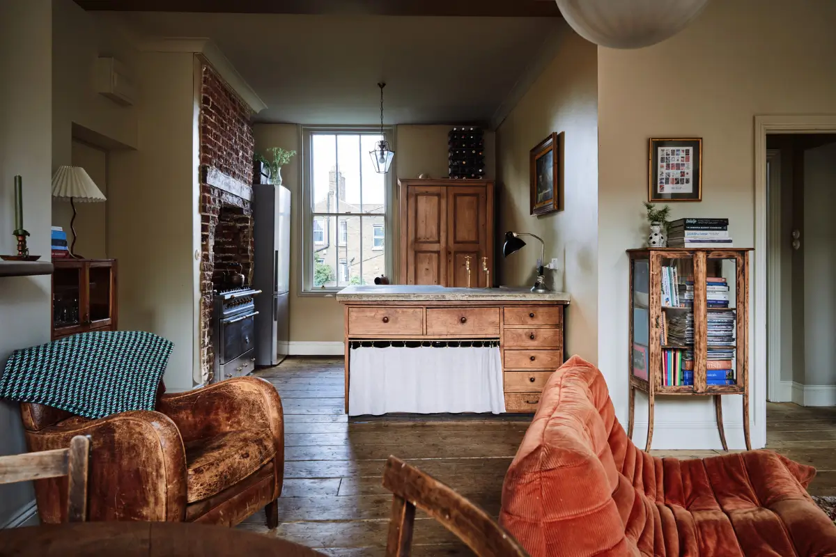 open-plan living space rustic floorboards