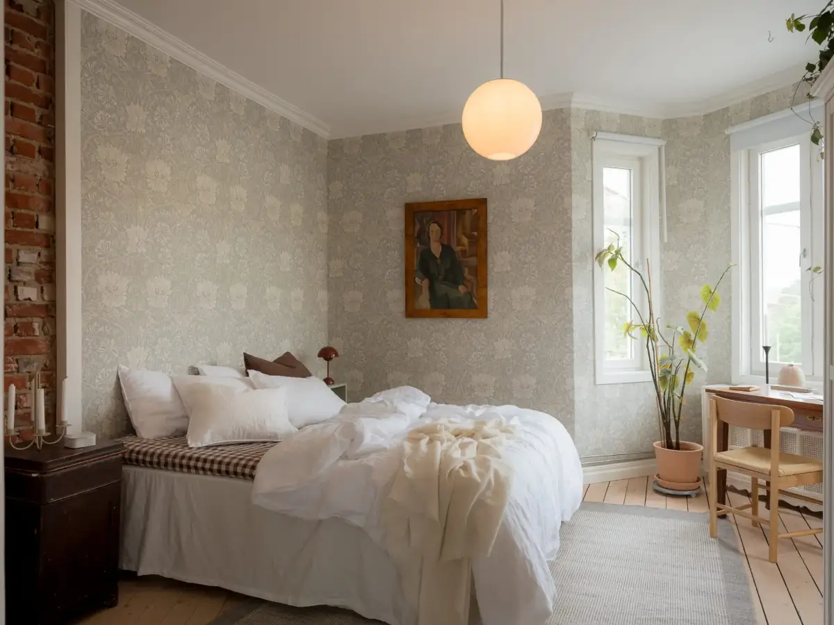 A Cozy Apartment with Exposed Brick and Period Details 10 scandi bedroom gray wallpaper desk