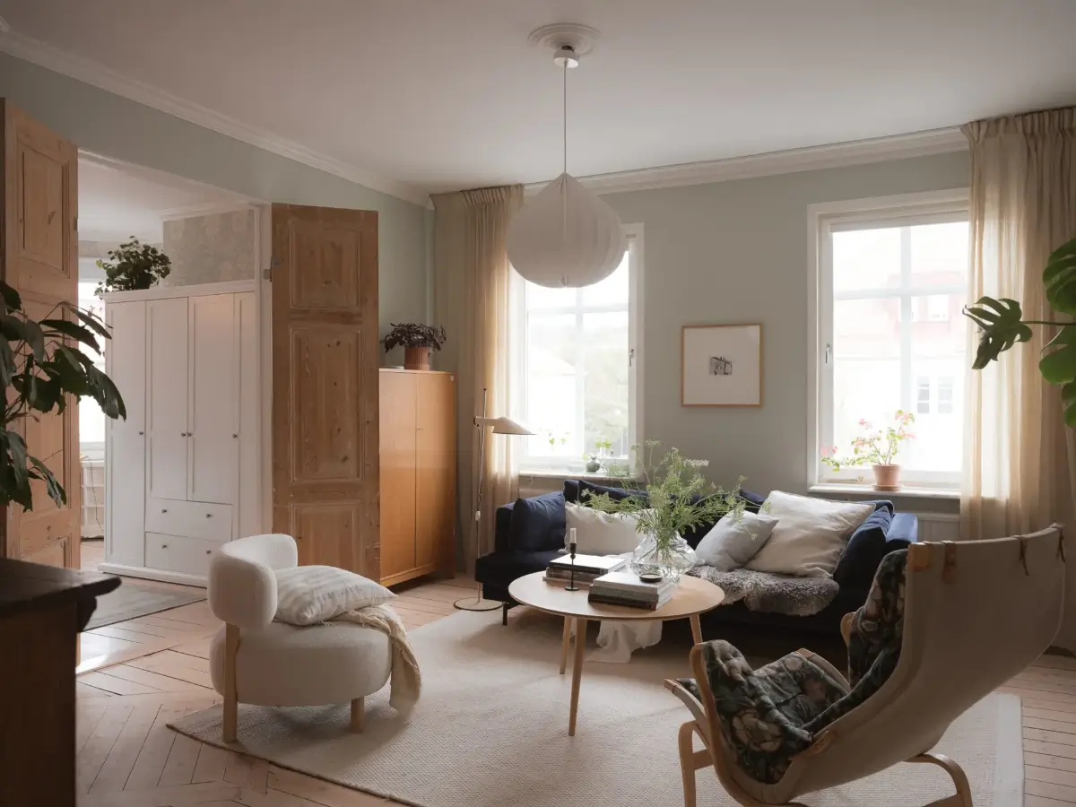 A Cozy Apartment with Exposed Brick and Period Details 5 scandinavian living room double wooden doors