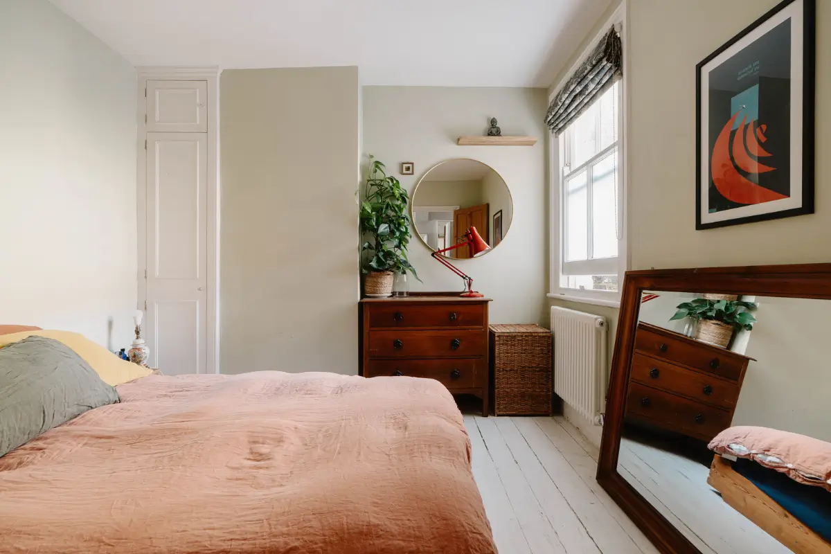 Shades of Blue and Original Details in a Victorian Garden Apartment 14 serene bedroom white floor