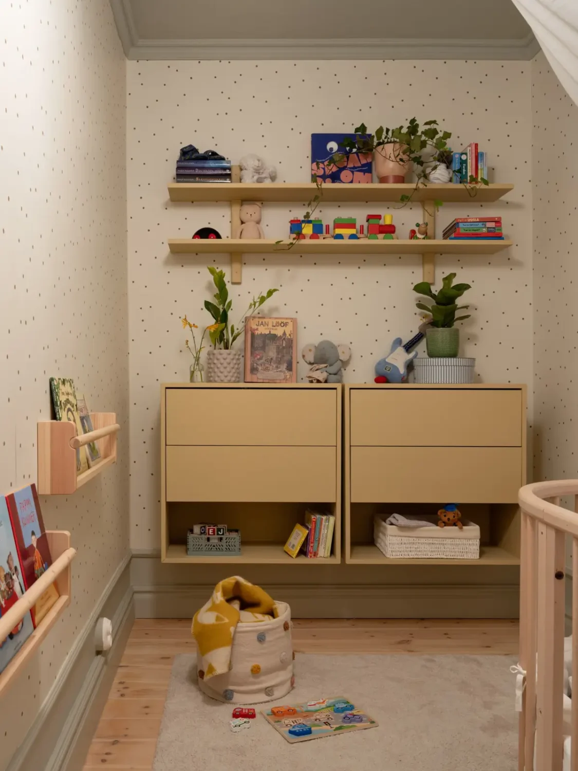 A Light Color Palette and a Charming Private Patio in a Stockholm Apartment 28 small nursery dot wallpaper