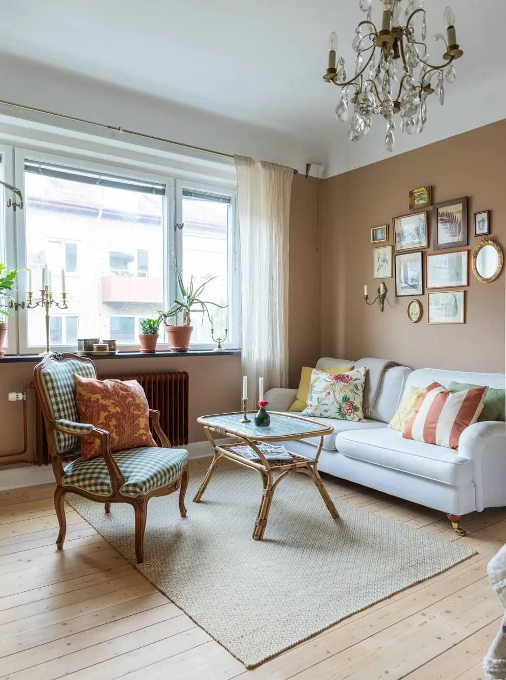 studio apartment wooden floorboards warm wall color