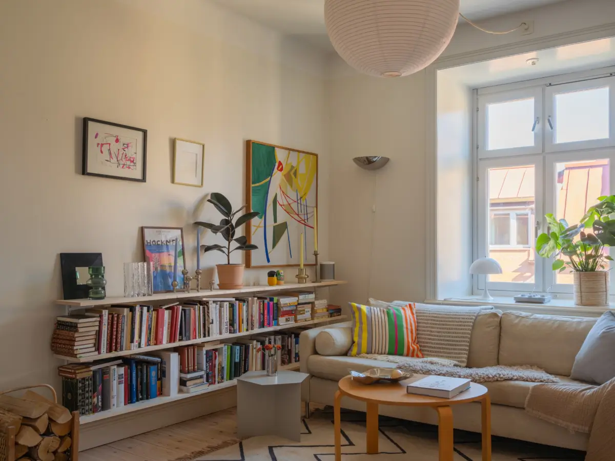 A Bright Apartment Where Historic Character Meets Contemporary Design 4 swedish living room with bookshelves