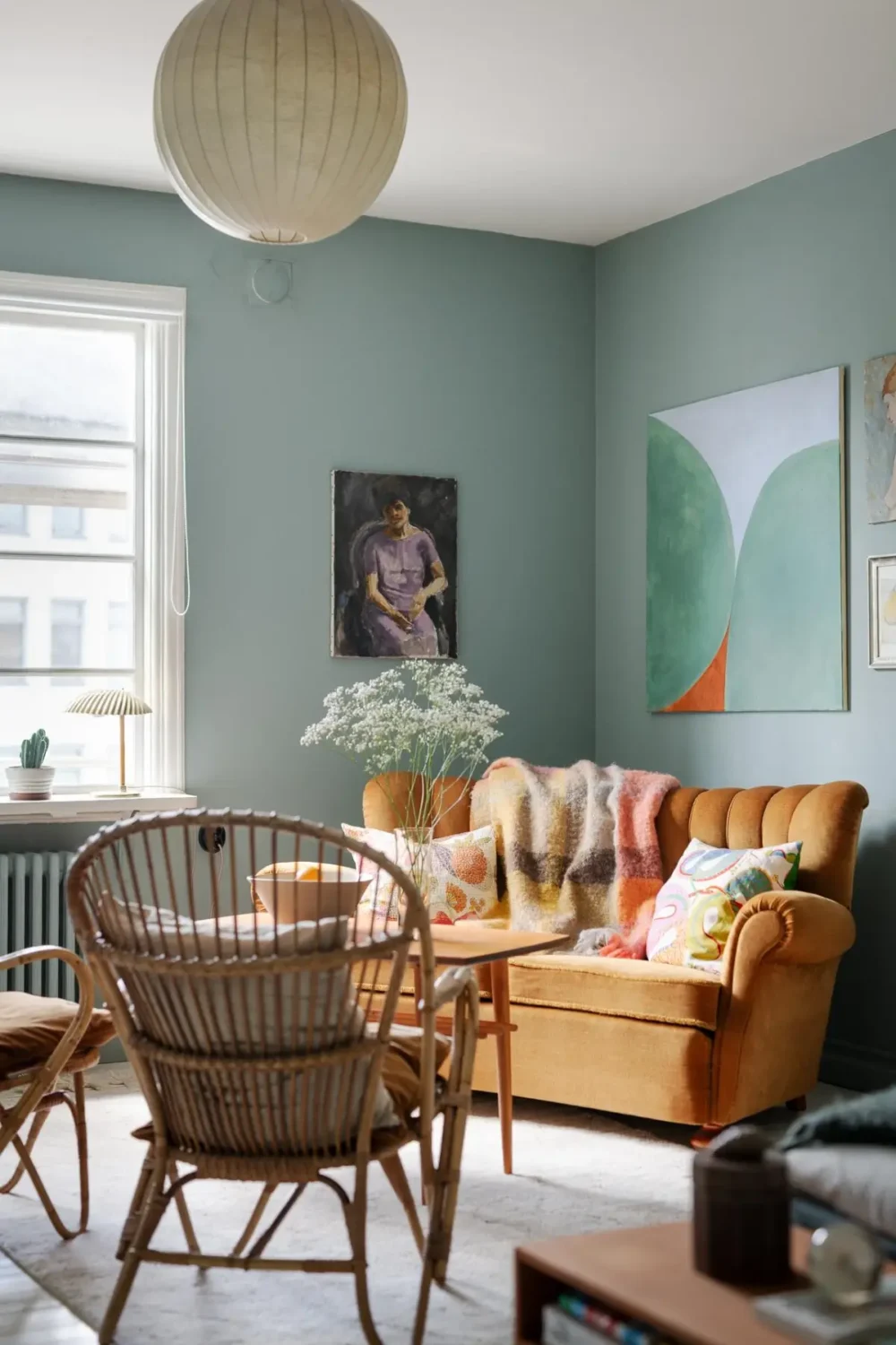 vintage ochre sofa rattan chairs