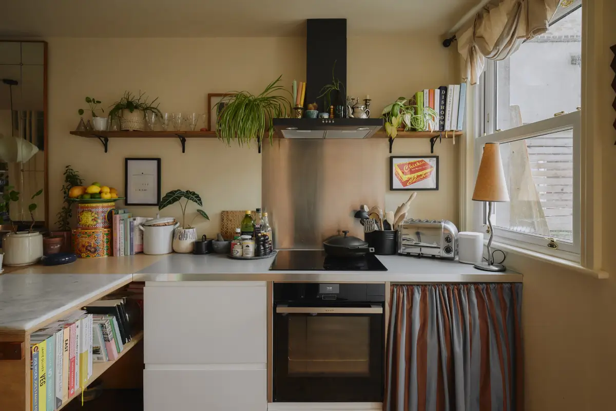 Modern Craftsmanship and Historic Charm in a London Home 8 white kitchen woode shelf