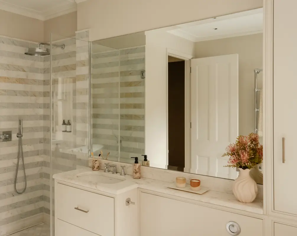 A Serene Duplex Apartment with a Glass Extension in London 28 bathroom marble vanity top and shelf