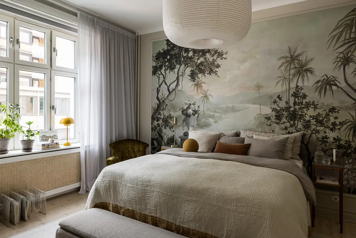 Gray Tones, Wallpapers, and a Mint Green Fireplace in a Swedish Apartment 16 bedroom Paisaje Con Flamencos wallpaper