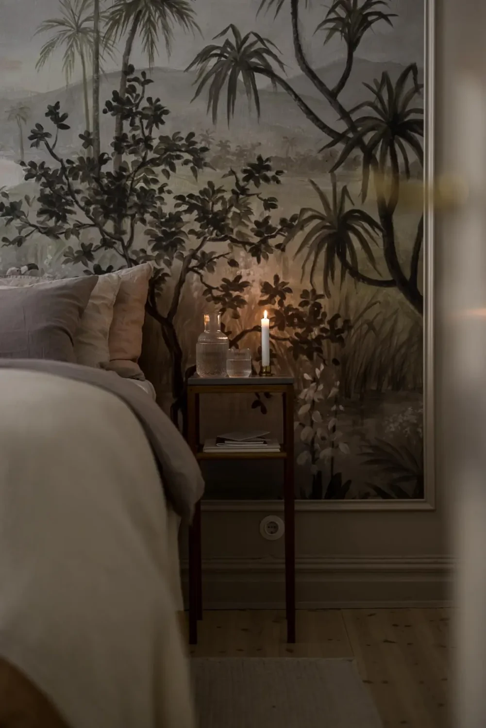 Gray Tones, Wallpapers, and a Mint Green Fireplace in a Swedish Apartment 18 bedroom detail