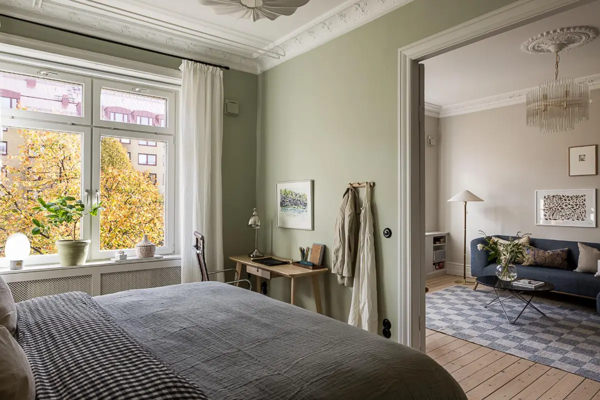 A Classic Renovated Apartment with a Social Light Green Kitchen 14 bedroom green walls home office