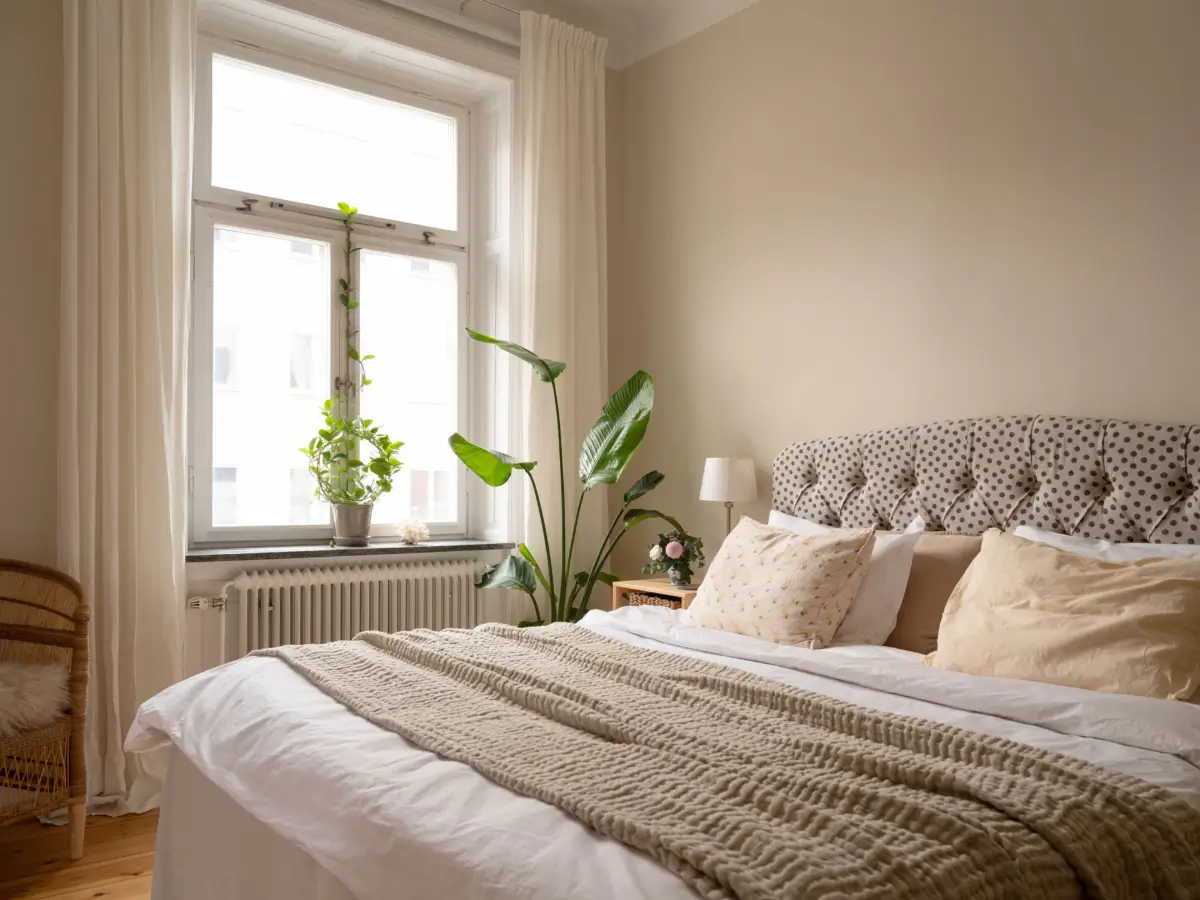 A Light and Spacious Corner Apartment in a 19th-Century Building 22 bedroom polkadot headboard warm beige walls