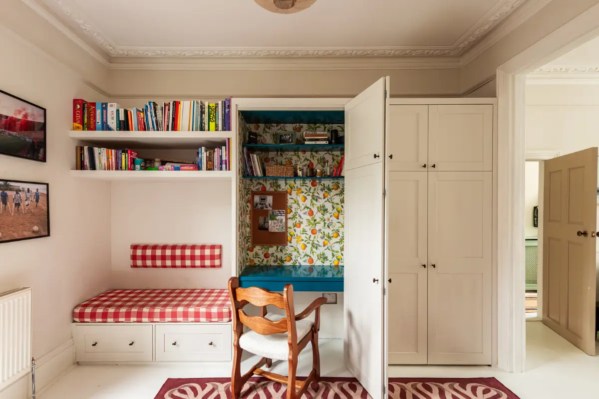 Period Elements and Subtle Color Accents in a Victorian Family Home 9 blue built-in desk fruit wallpaper