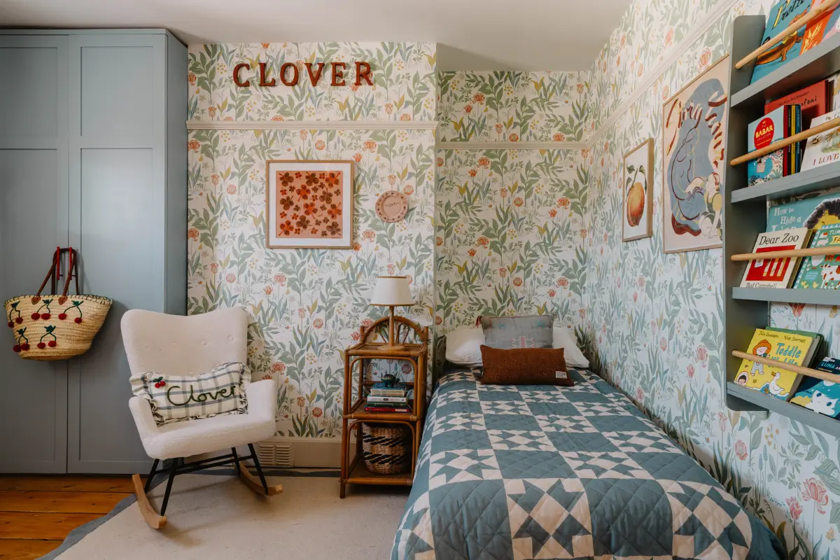 Cozy Interiors in a Restored 19th Century Family Home in Tunbridge Wells 25 childrens room tulip wallpaper blue wardrobes