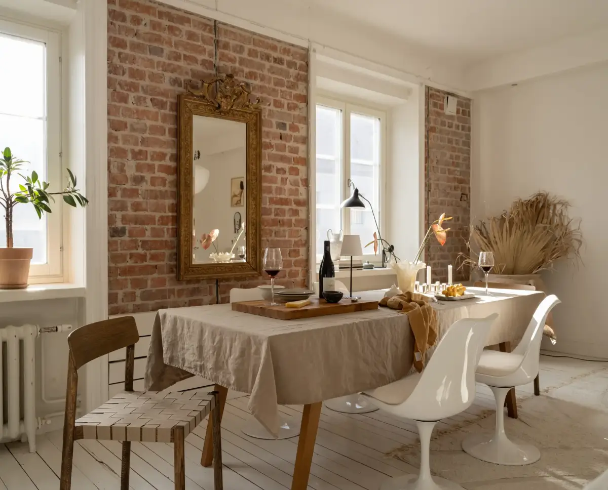 A Fresh 1920s Apartment with White Floorboards and Exposed Brick 6 dining table brick wall