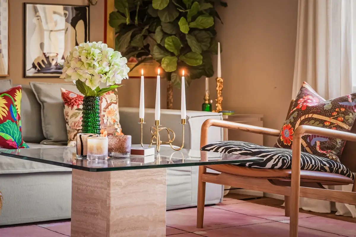 A Colorful Studio Apartment with Gucci Wallpaper 6 glass coffee table