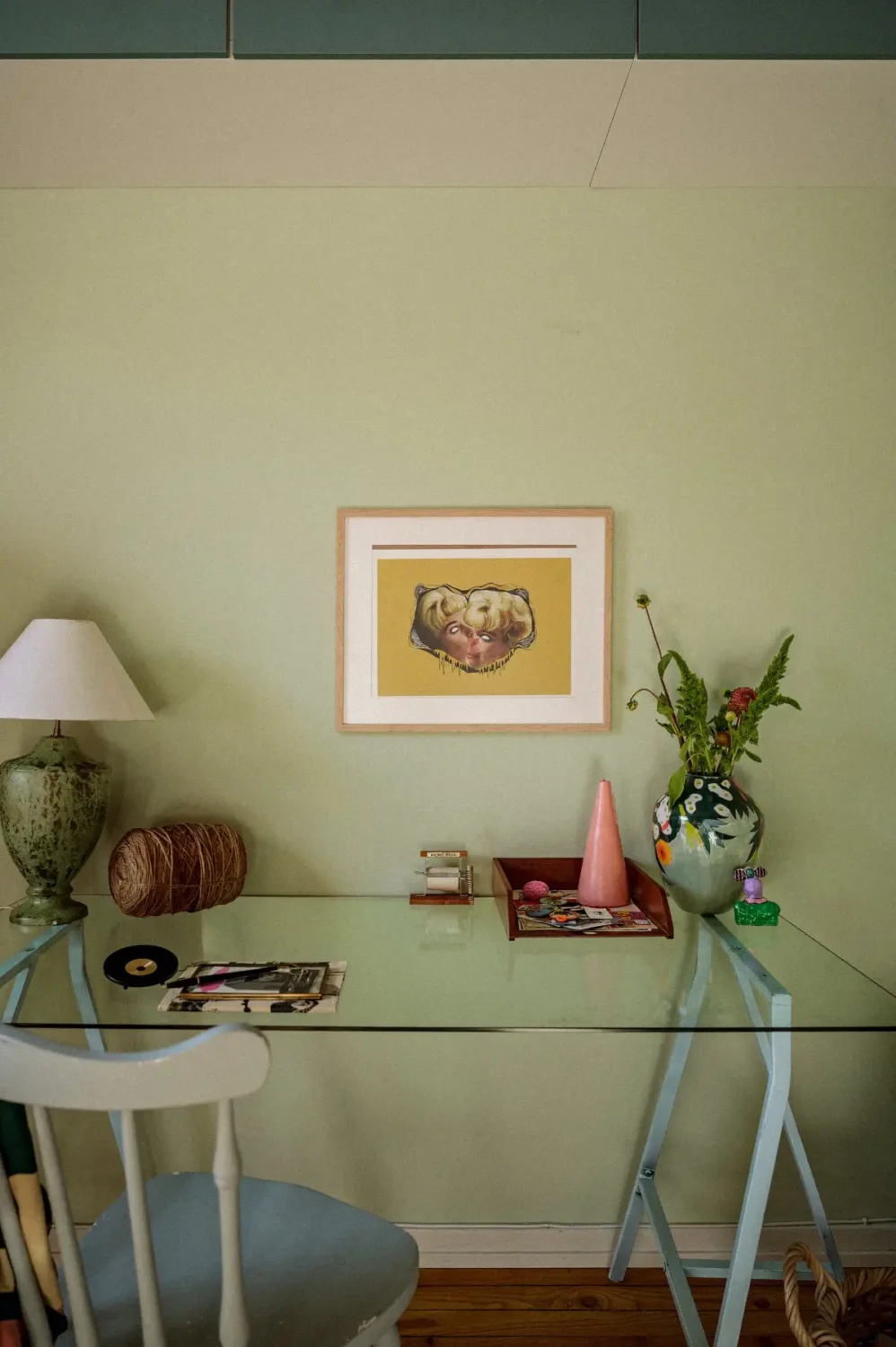 Green Tones and Period Elements in a 1940s Apartment 14 glass desk
