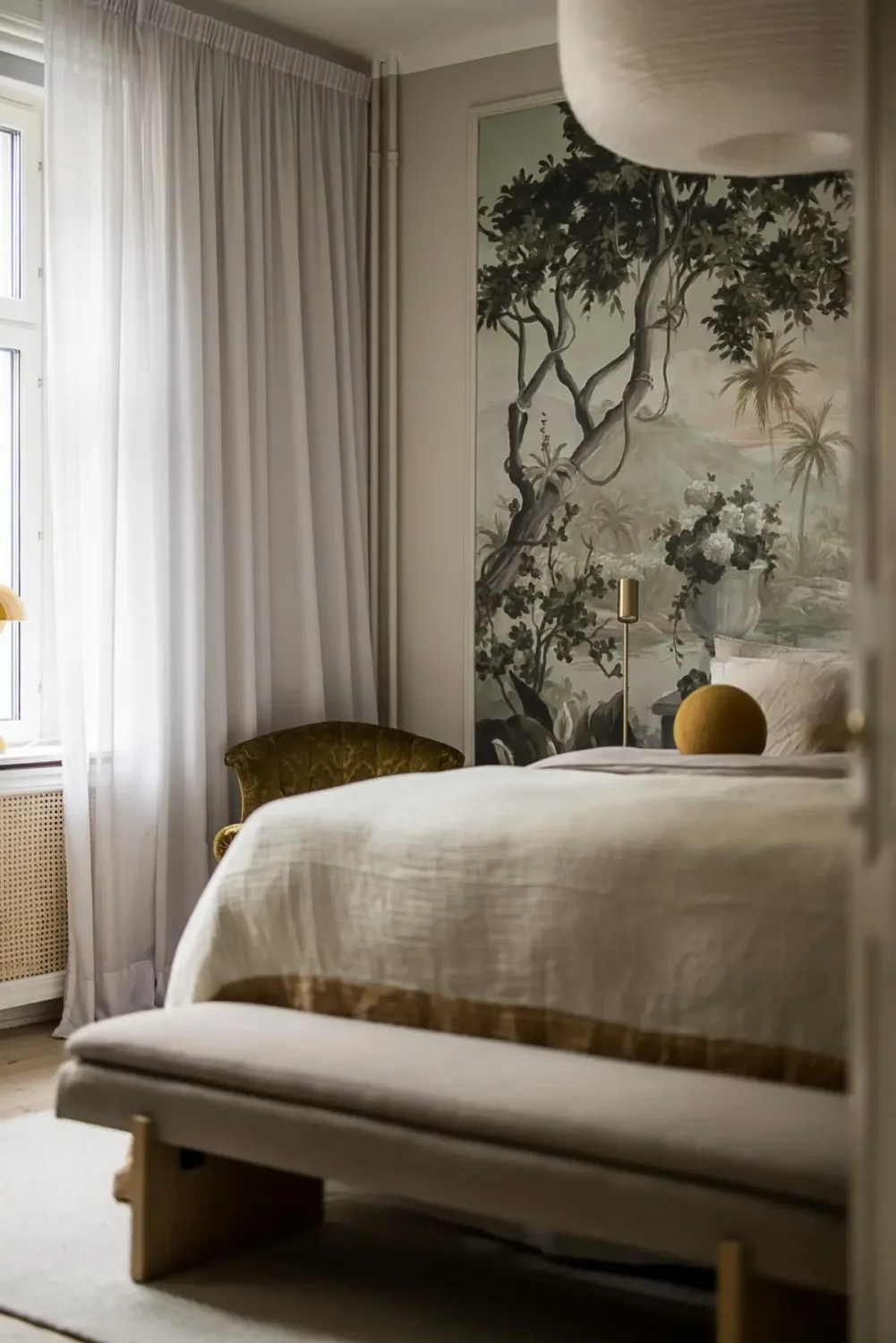 Gray Tones, Wallpapers, and a Mint Green Fireplace in a Swedish Apartment 17 gray bedroom mural