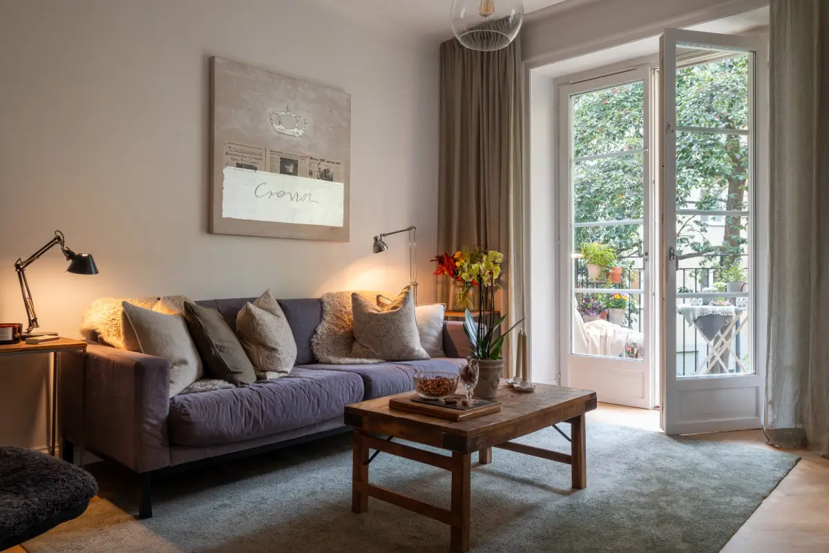 A Gray Kitchen with a Green Marble Countertop in a Small Apartment 3 gray living room glass balcony doors