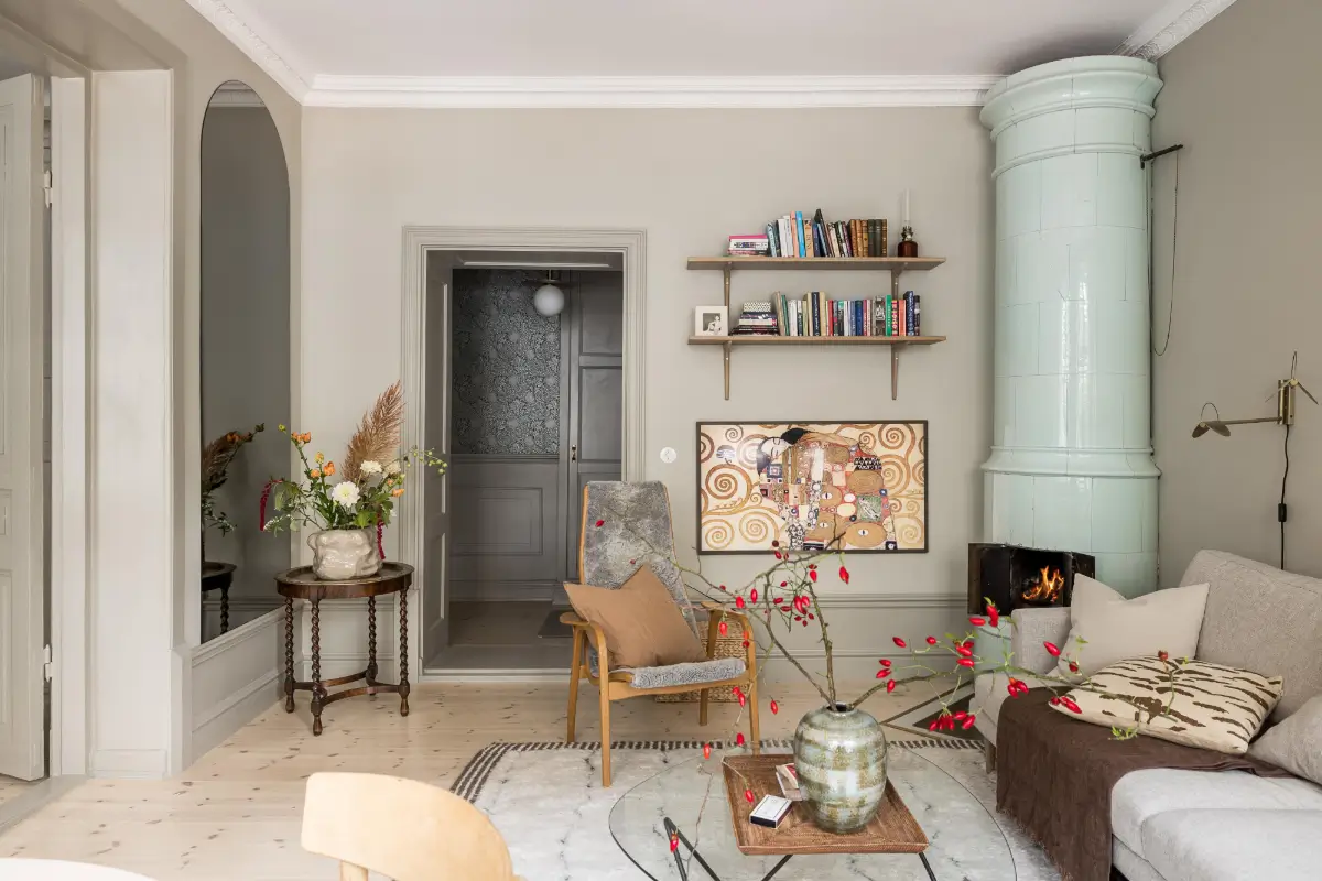 Gray Tones, Wallpapers, and a Mint Green Fireplace in a Swedish Apartment 10 gray living room mint green fireplace