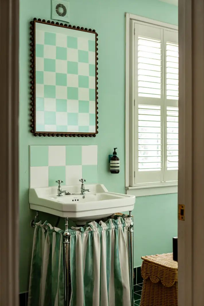 Period Elements and Subtle Color Accents in a Victorian Family Home 21 green bathroom checkerboard tiles