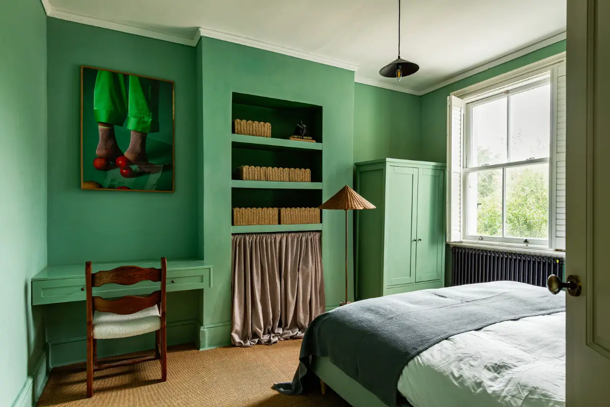 Period Elements and Subtle Color Accents in a Victorian Family Home 19 green bedroom built-in desk and shelves