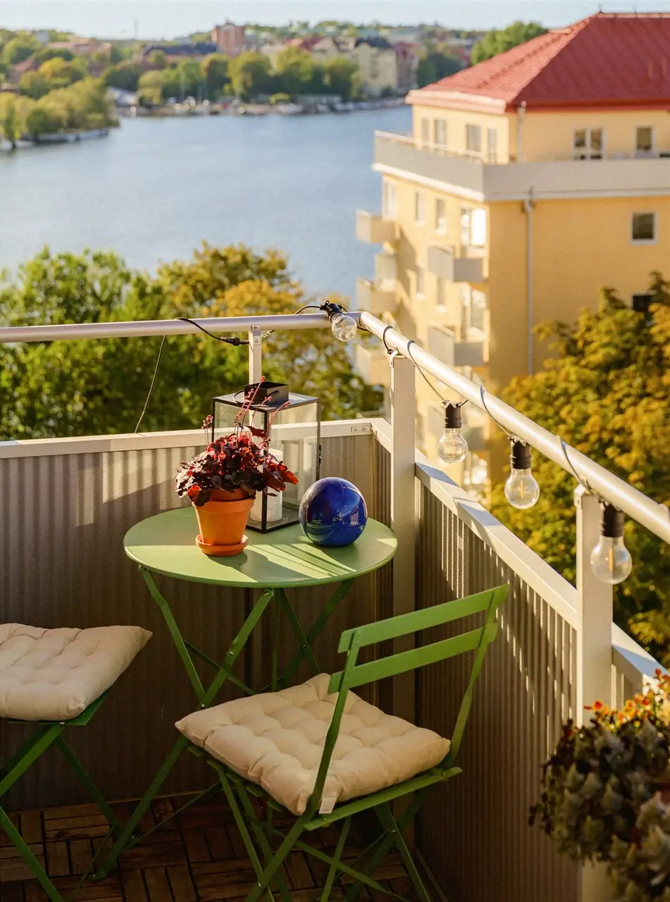 A Colorful Stockholm Family Apartment with Views of the Lake 23 green bistro set balcony with a view nordroom