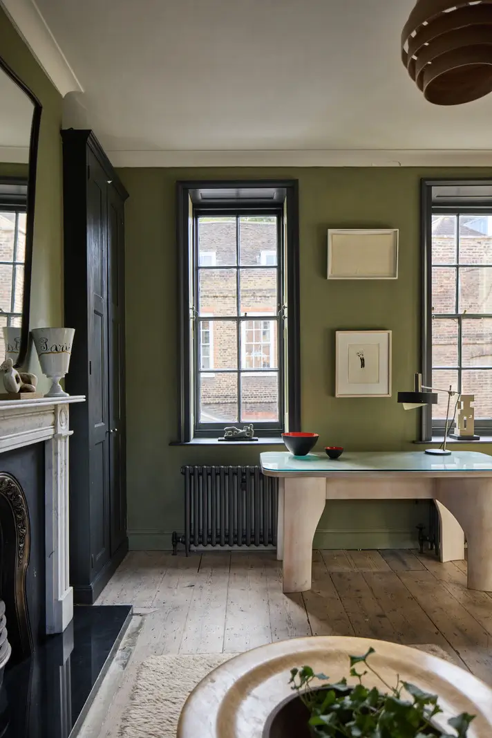 A deVOL Kitchen in a Beautiful Restored Georgian Townhouse in London 18 green living room rustic wooden floorboards