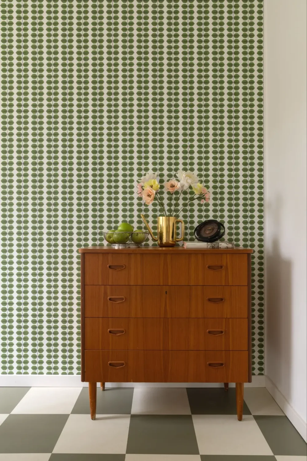 A Well-Preserved 1950s Apartment North of Stockholm 18 green wallpaper checkered floor