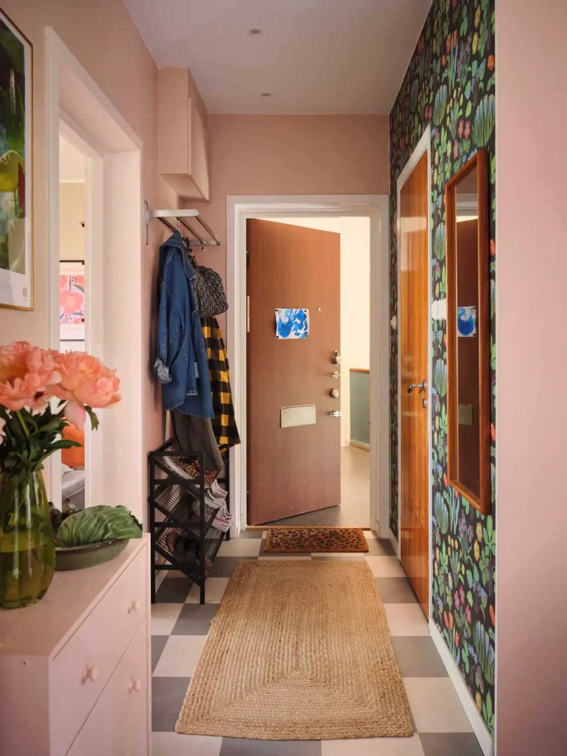 A Natural Color Palette in a Swedish 1940s Apartment 22 hall checkerboard floor josef frank wallpaper A Natural Color Palette in a Swedish 1940s Apartment