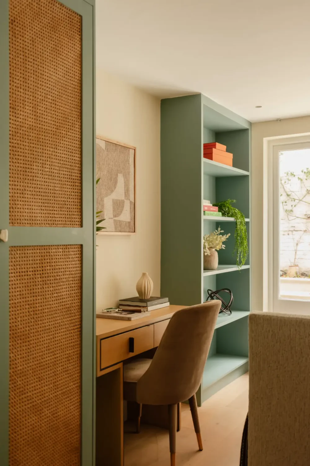 A Serene Duplex Apartment with a Glass Extension in London 33 home office green shelves