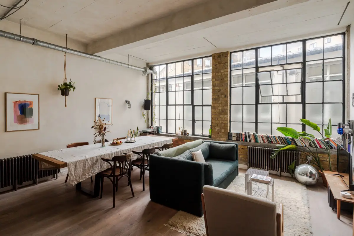 An Industrial London Apartment in a Former 1920s Shoe Factory 2 industrial living room factory windows