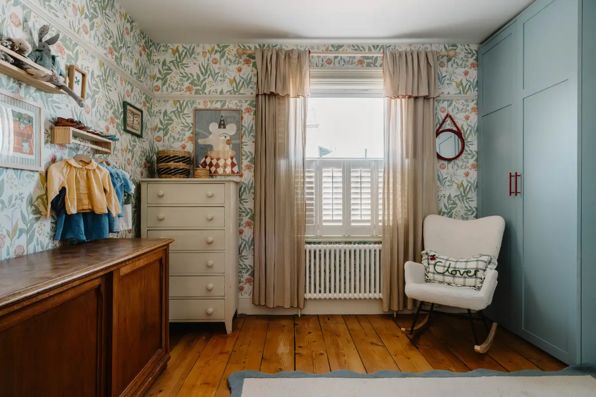 Cozy Interiors in a Restored 19th Century Family Home in Tunbridge Wells 26 kids bedroom floral wallpaper wooden floorboards