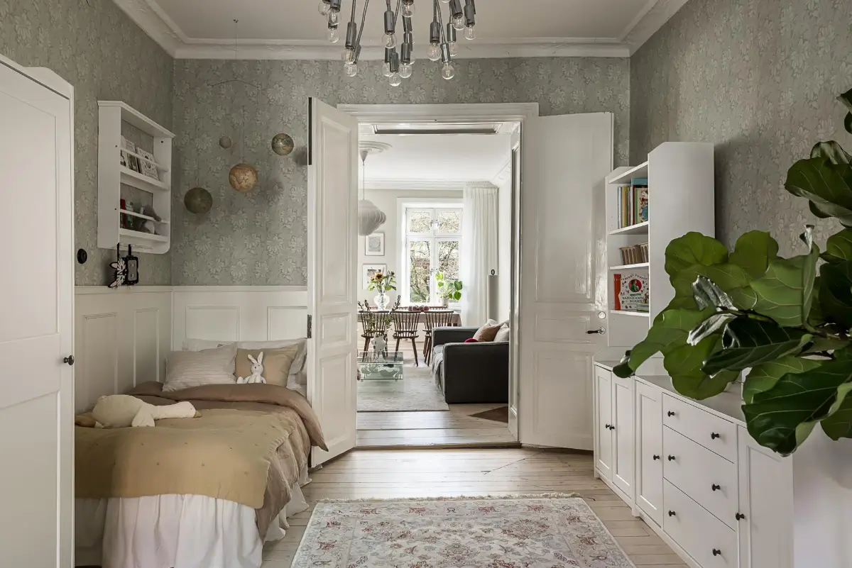 Warm Neutral Tones and Period Features in a Swedish Apartment 21 kids bedroom gray floral wallpaper