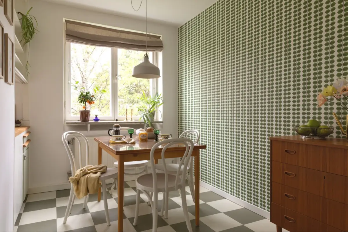 A Well-Preserved 1950s Apartment North of Stockholm 17 kitchen dining room checkered floor green wallpaper