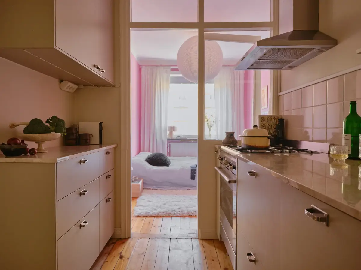 A Light 1930s Apartment with a Bubblegum Pink Bedroom 19 kitchen glass door bedroom