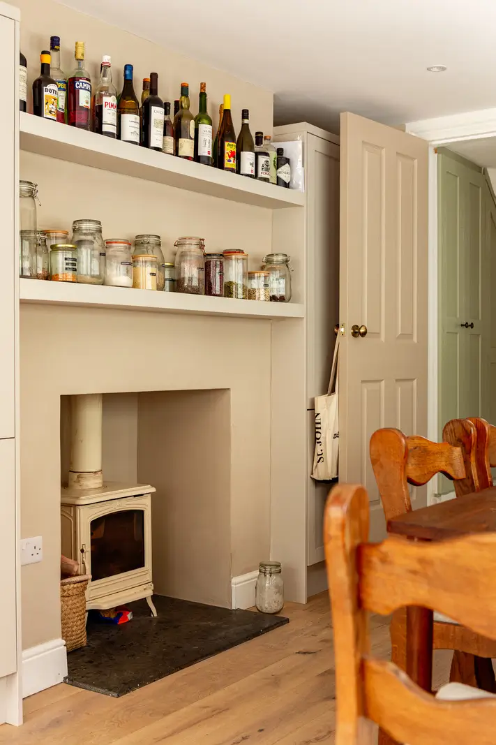 Period Elements and Subtle Color Accents in a Victorian Family Home 13 kitchen shelves